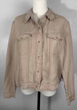 Monterey Bay 100% Linen Trucker Jacket M Tan Boho Coastal Cabin Core Shacket